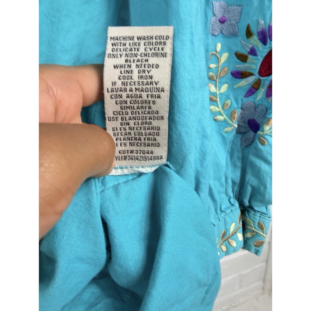 ECI New York XL Embroidered Boho Peasant Blouse Turquoise Floral Cotton - Picture 5 of 6